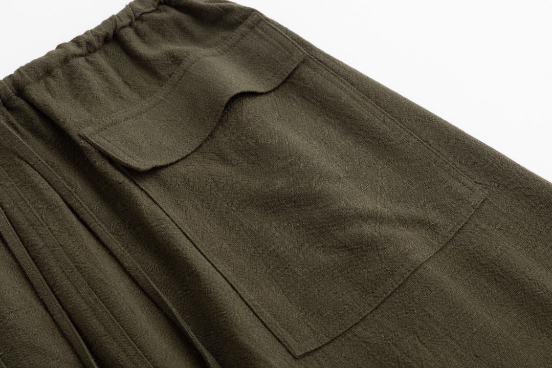 Linen Drawstring Pocket Skirt - Green Moss