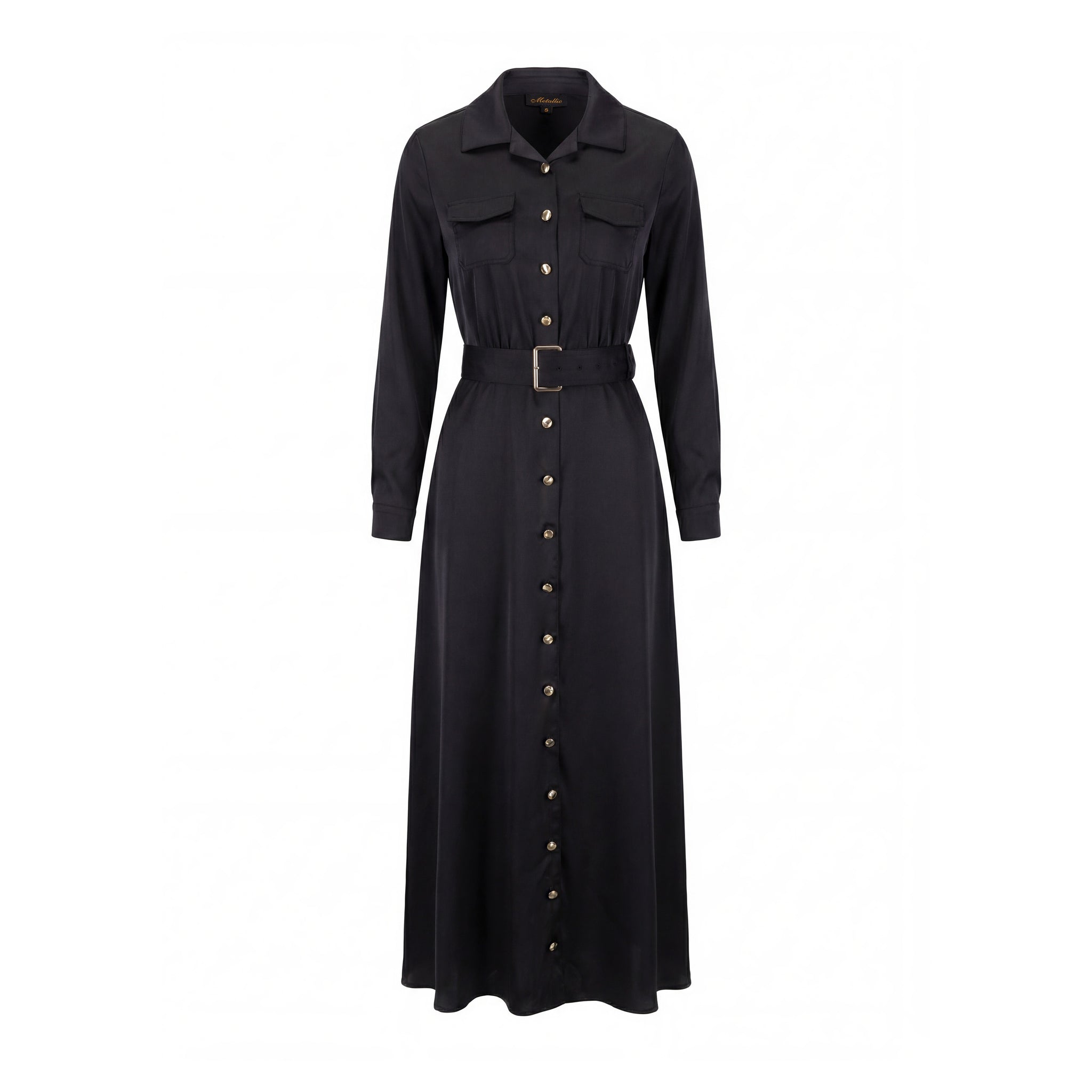 Belted Dress With Gold Buttons - Black