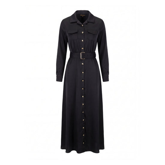 Belted Dress With Gold Buttons - Black