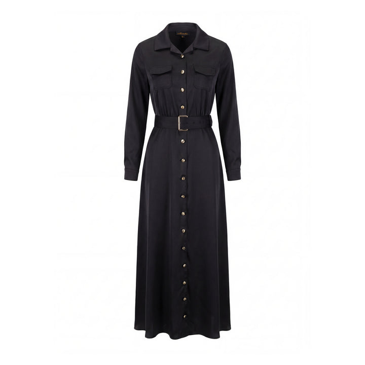 Belted Dress With Gold Buttons - Black