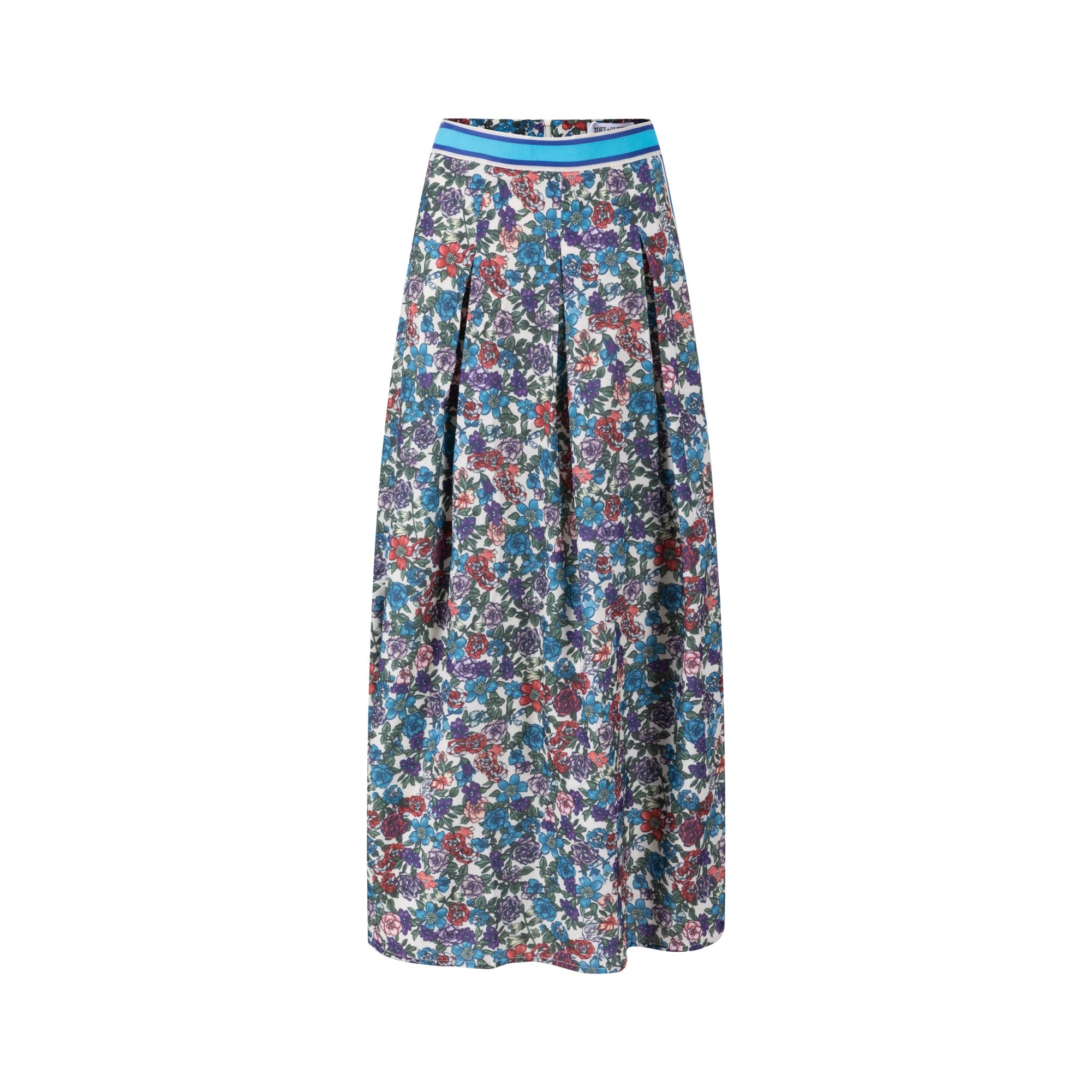 Blue And Red Floral Skirt With Striped Waist