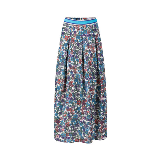 Blue And Red Floral Skirt With Striped Waist