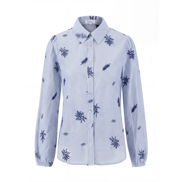 Blue Striped Blouse With Embroidery