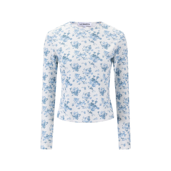 Blue Floral Print Ribbed Top