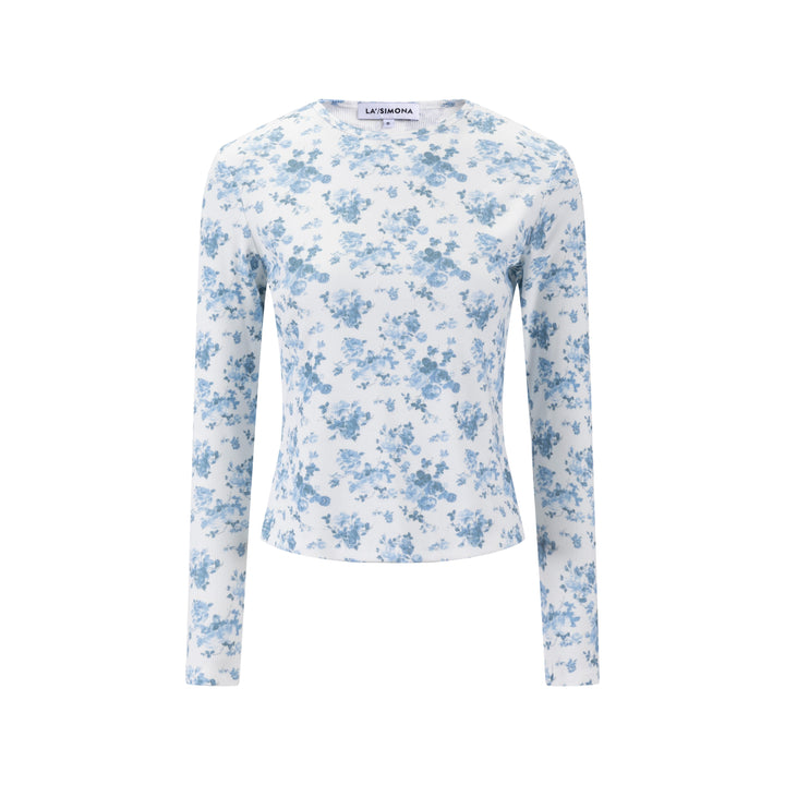 Blue Floral Print Ribbed Top