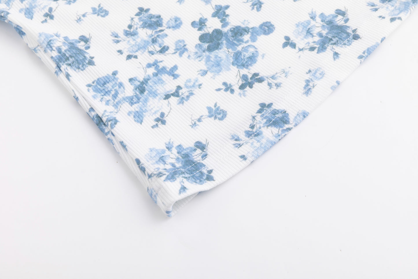 Blue Floral Print Ribbed Top