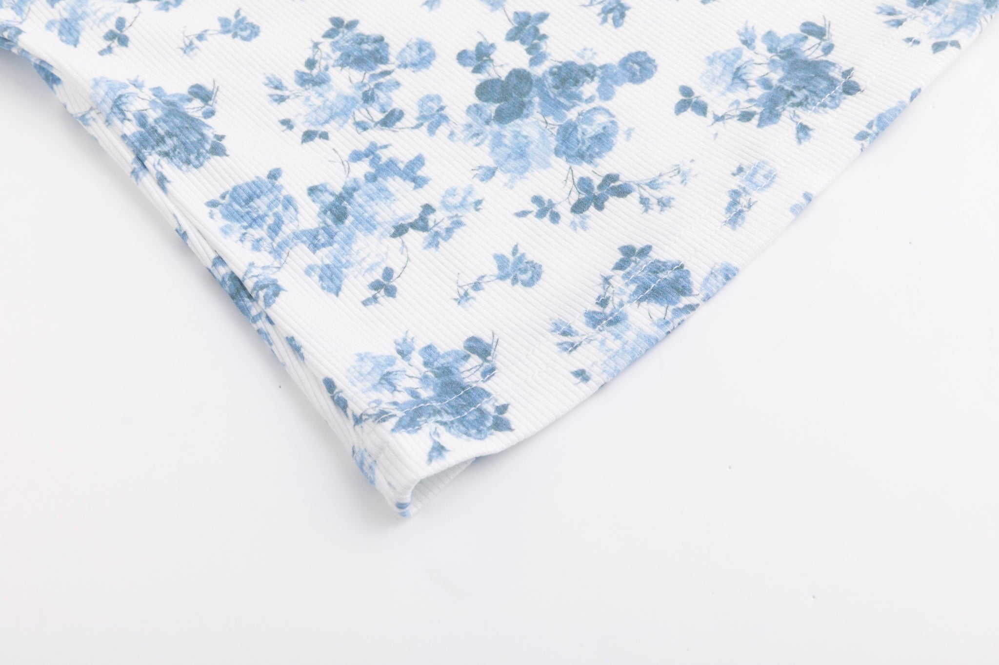 Blue Floral Print Ribbed Top