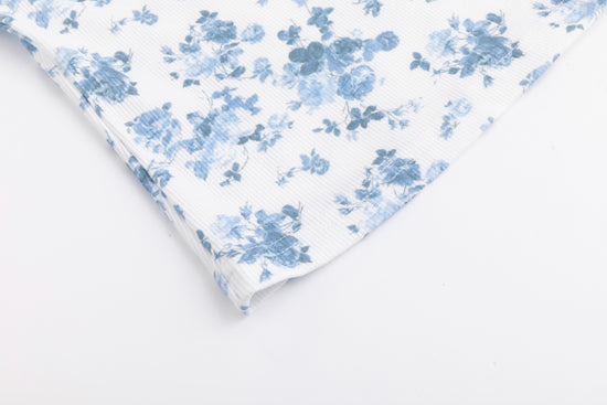 Blue Floral Print Ribbed Top
