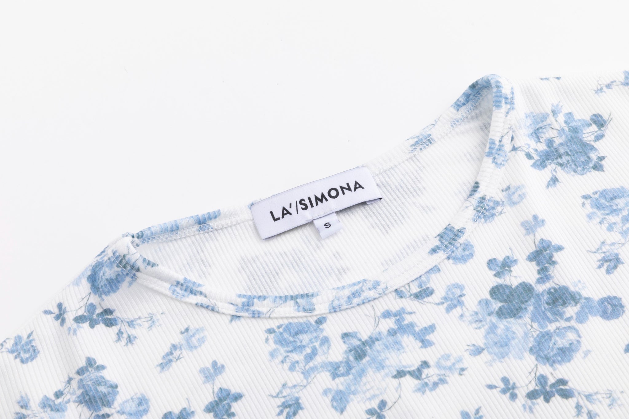 Blue Floral Print Ribbed Top