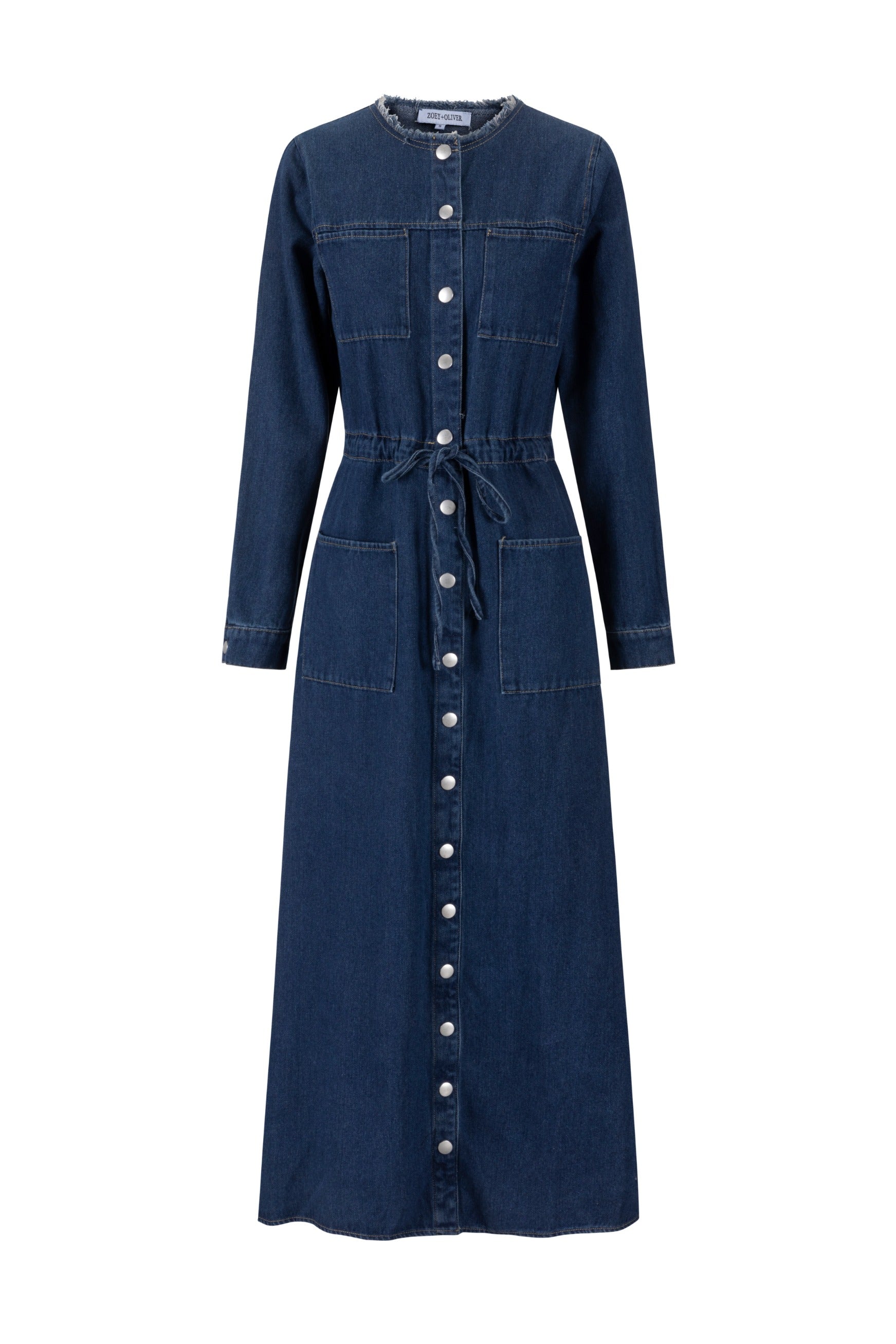 Ragged Edge Multi Pocket Denim Dress - Blue