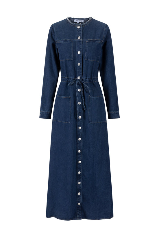 Ragged Edge Multi Pocket Denim Dress - Blue
