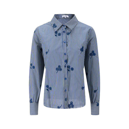 Frayed Hem Navy Embroidery Striped Shirt