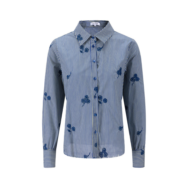 Frayed Hem Navy Embroidery Striped Shirt