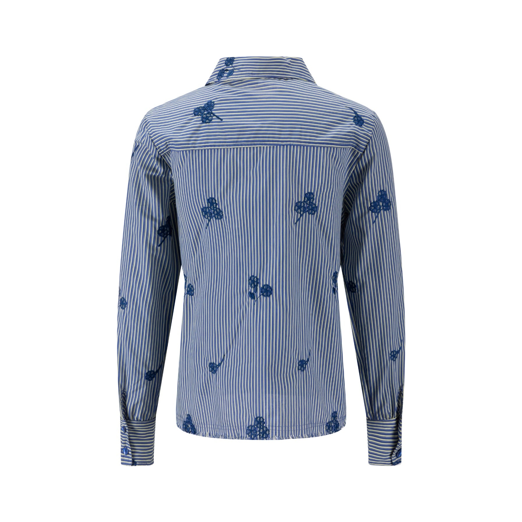 Frayed Hem Navy Embroidery Striped Shirt