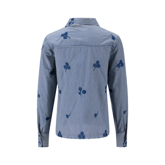 Frayed Hem Navy Embroidery Striped Shirt