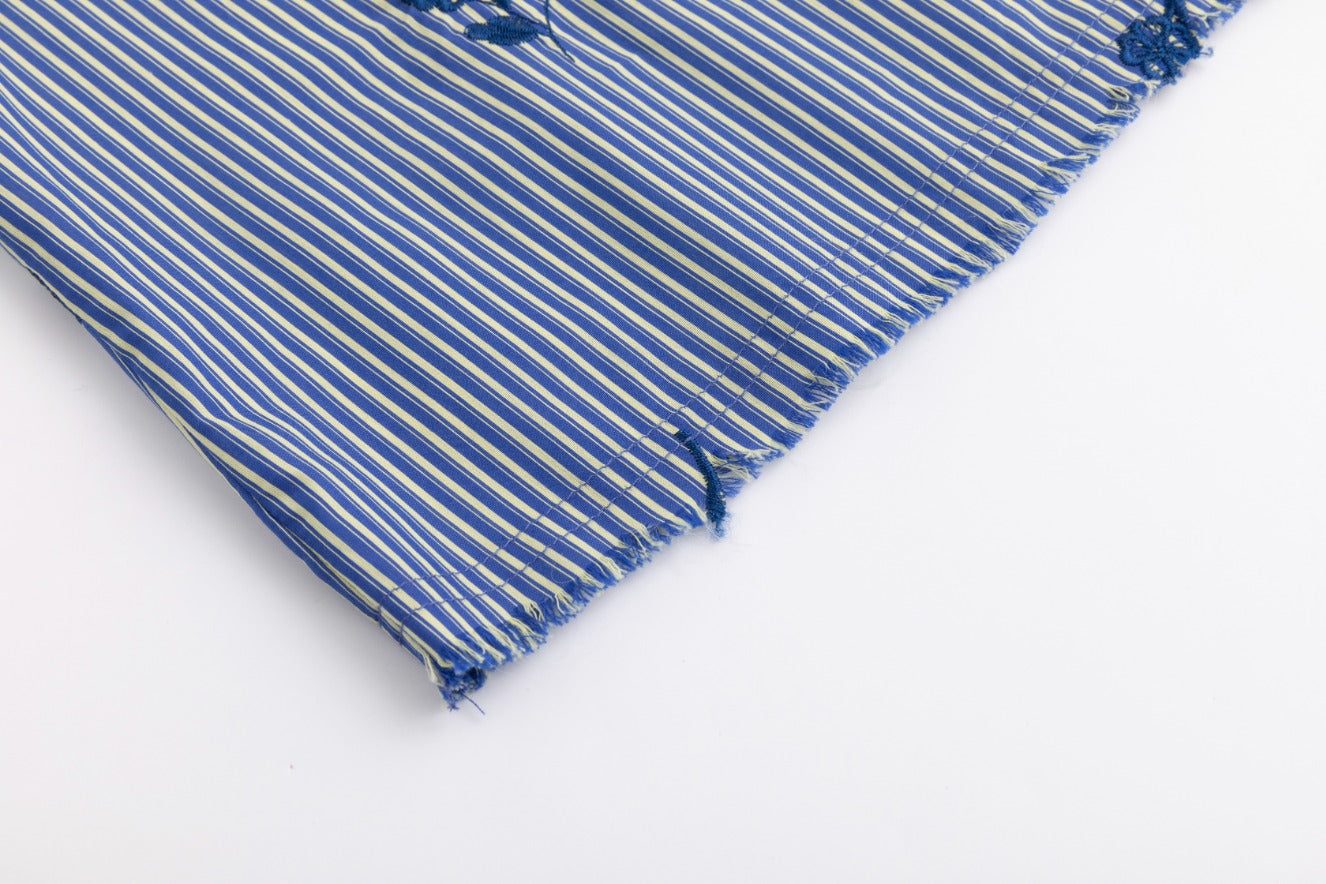 Frayed Hem Navy Embroidery Striped Shirt