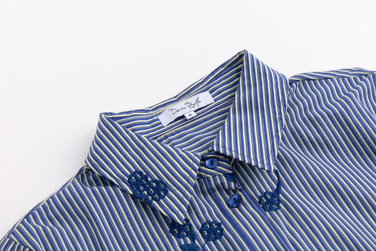 Frayed Hem Navy Embroidery Striped Shirt