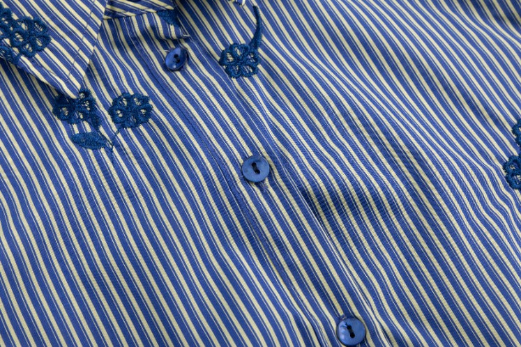 Frayed Hem Navy Embroidery Striped Shirt