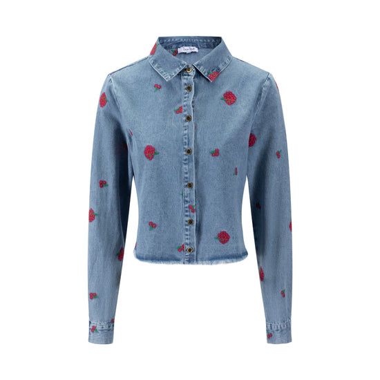 Red Flowers Embroidered Denim Top - Light Blue