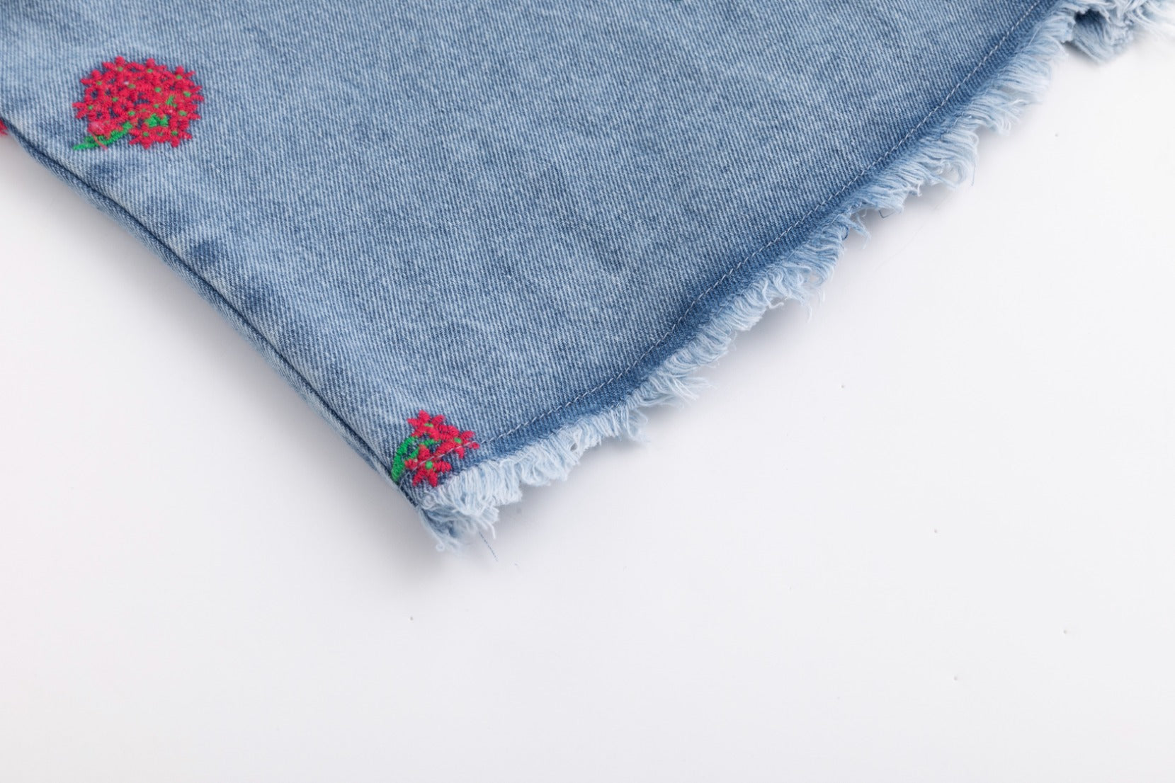 Red Flowers Embroidered Denim Top - Light Blue