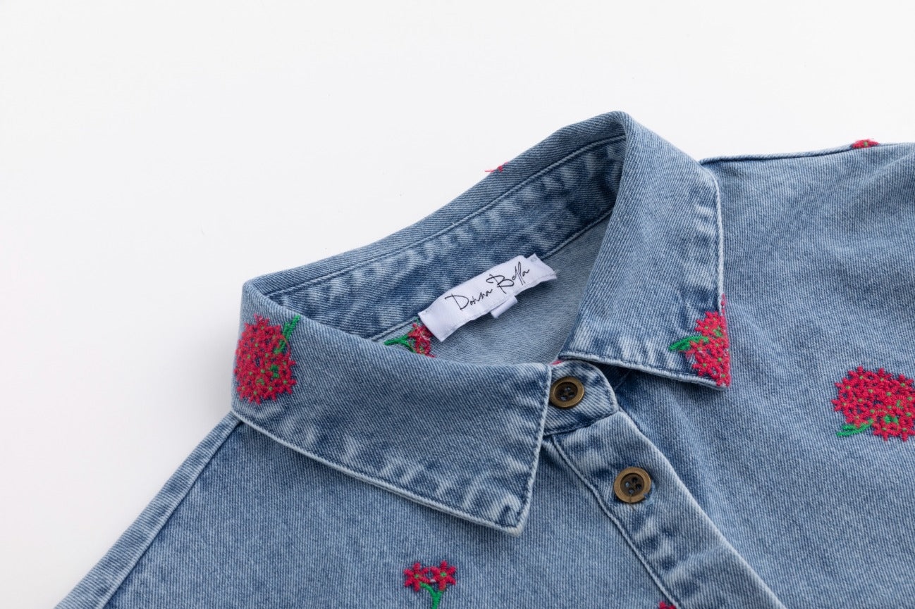 Red Flowers Embroidered Denim Top - Light Blue