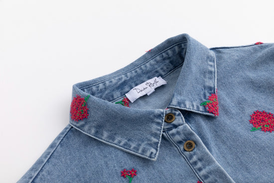 Red Flowers Embroidered Denim Top - Light Blue