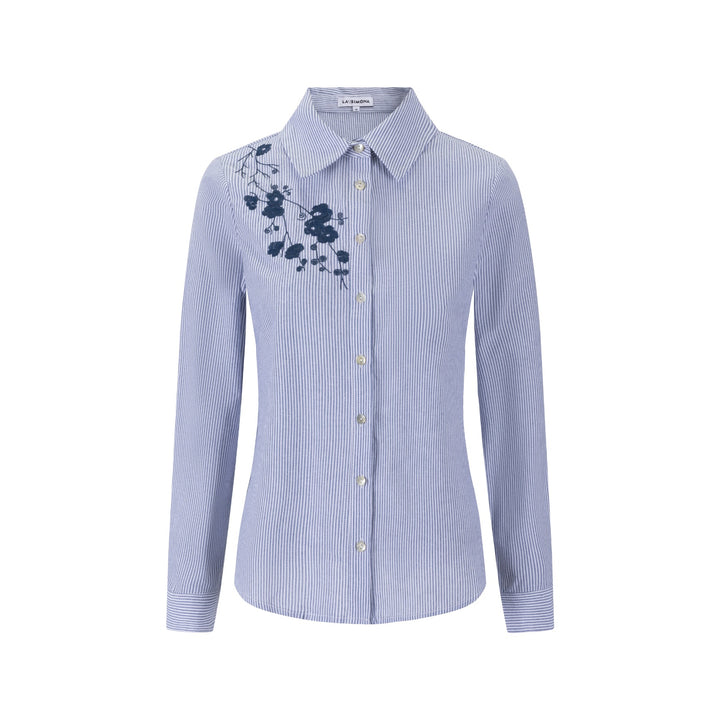 Blue Stripes Shirt With Navy Flower Embroidery