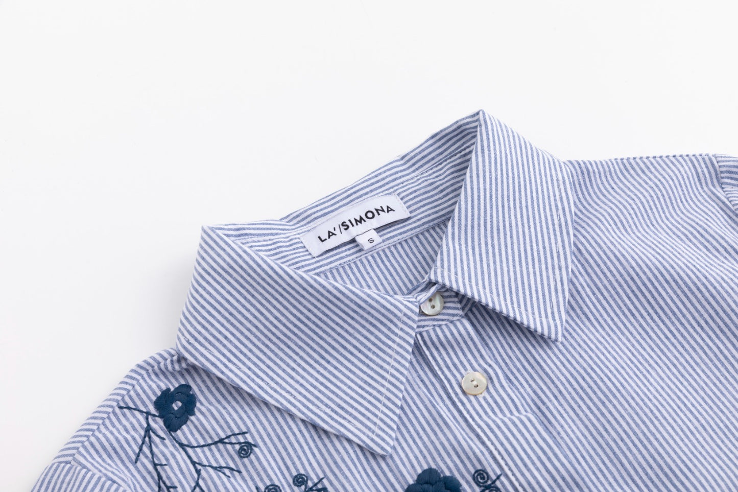 Blue Stripes Shirt With Navy Flower Embroidery