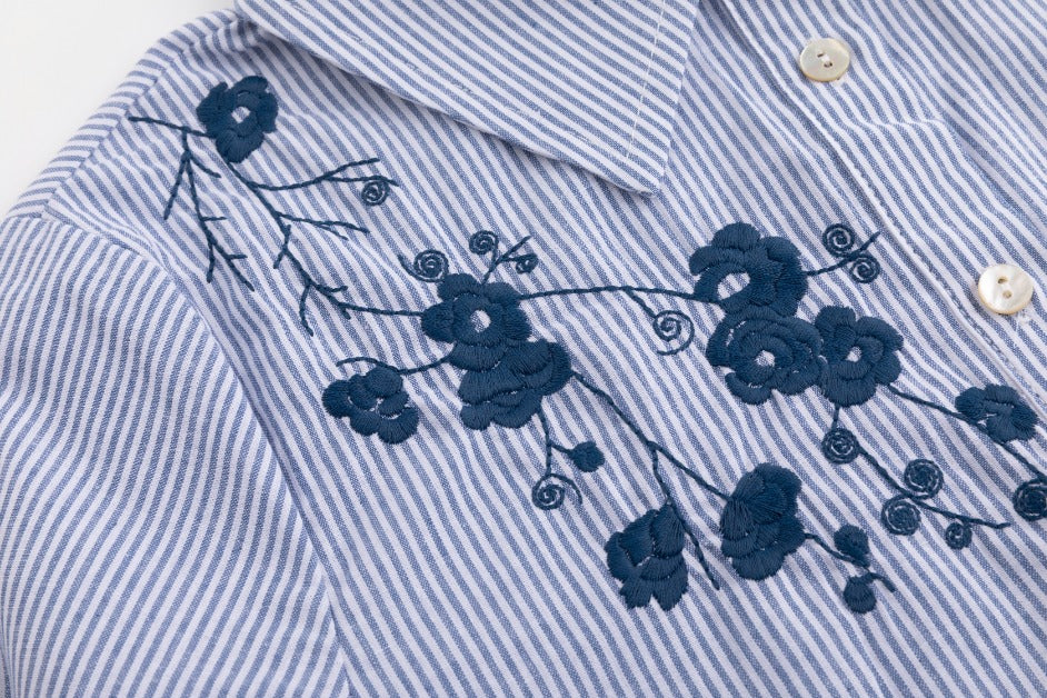 Blue Stripes Shirt With Navy Flower Embroidery