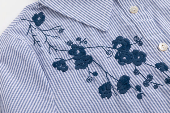 Blue Stripes Shirt With Navy Flower Embroidery