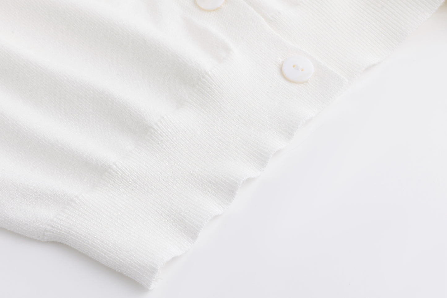 Knit Cardigan With Collar And Flower Buttons - White