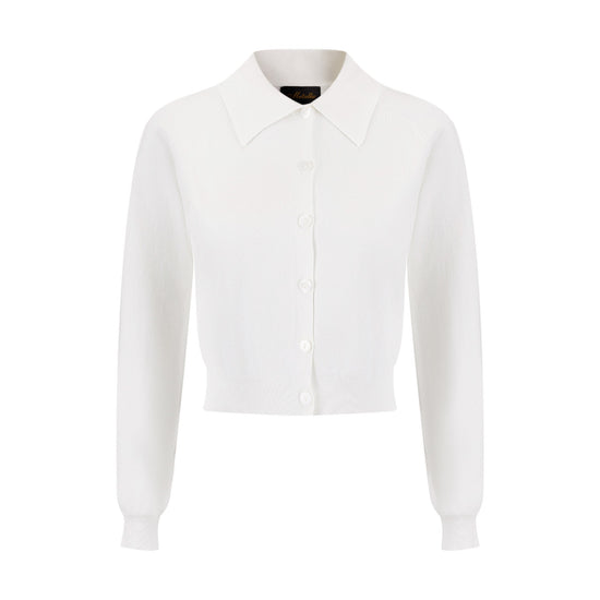 Knit Cardigan With Collar And Flower Buttons - White