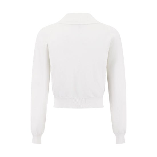 Knit Cardigan With Collar And Flower Buttons - White