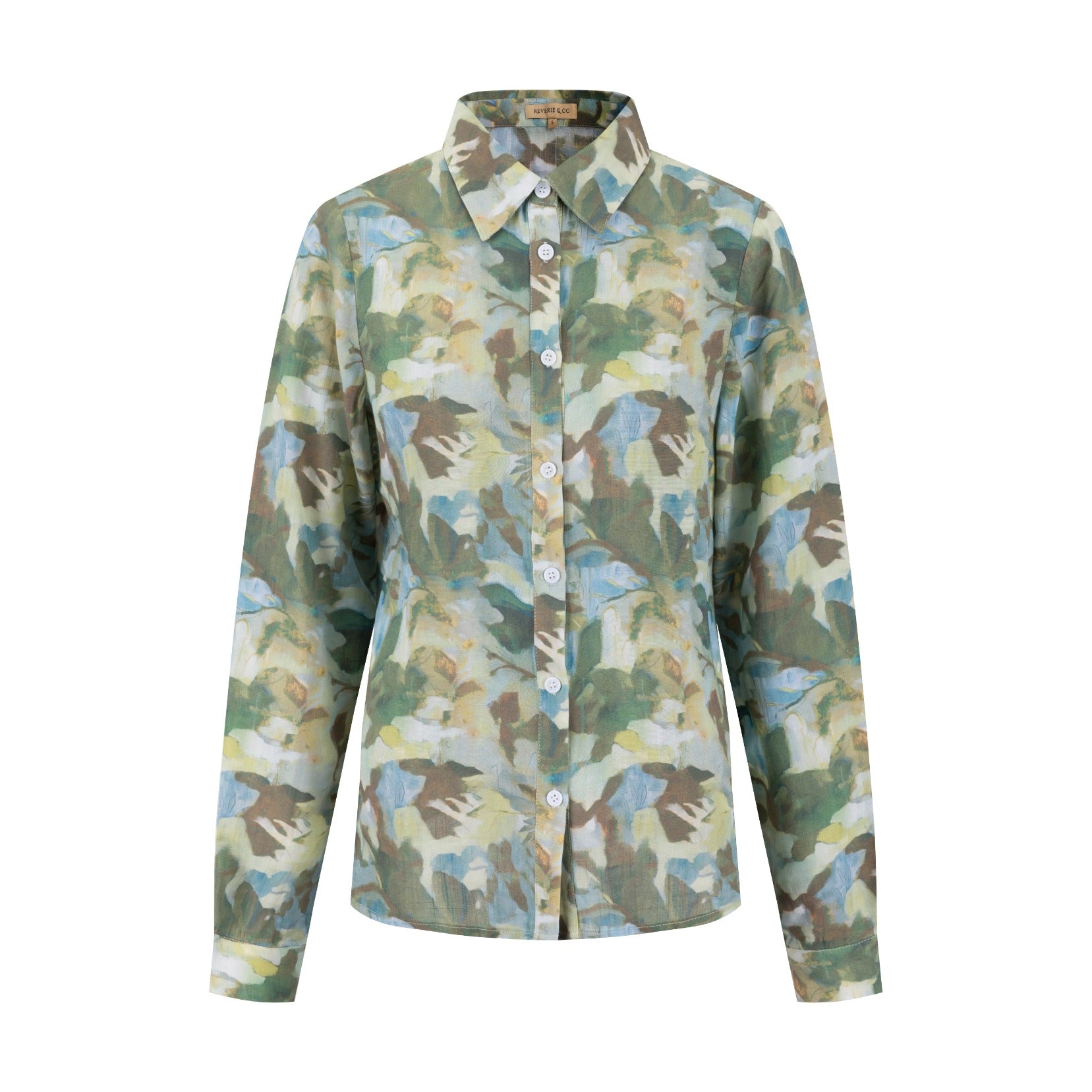 Painted Floral Linen Blouse Sea Blue