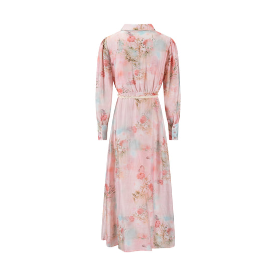 Butterfly Print Pink Dress With Braided Belt