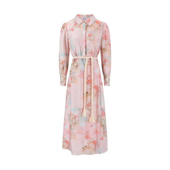Butterfly Print Pink Dress With Braided Belt
