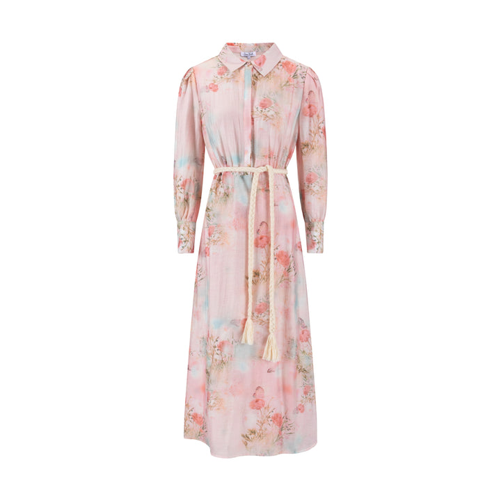 Butterfly Print Pink Dress With Braided Belt