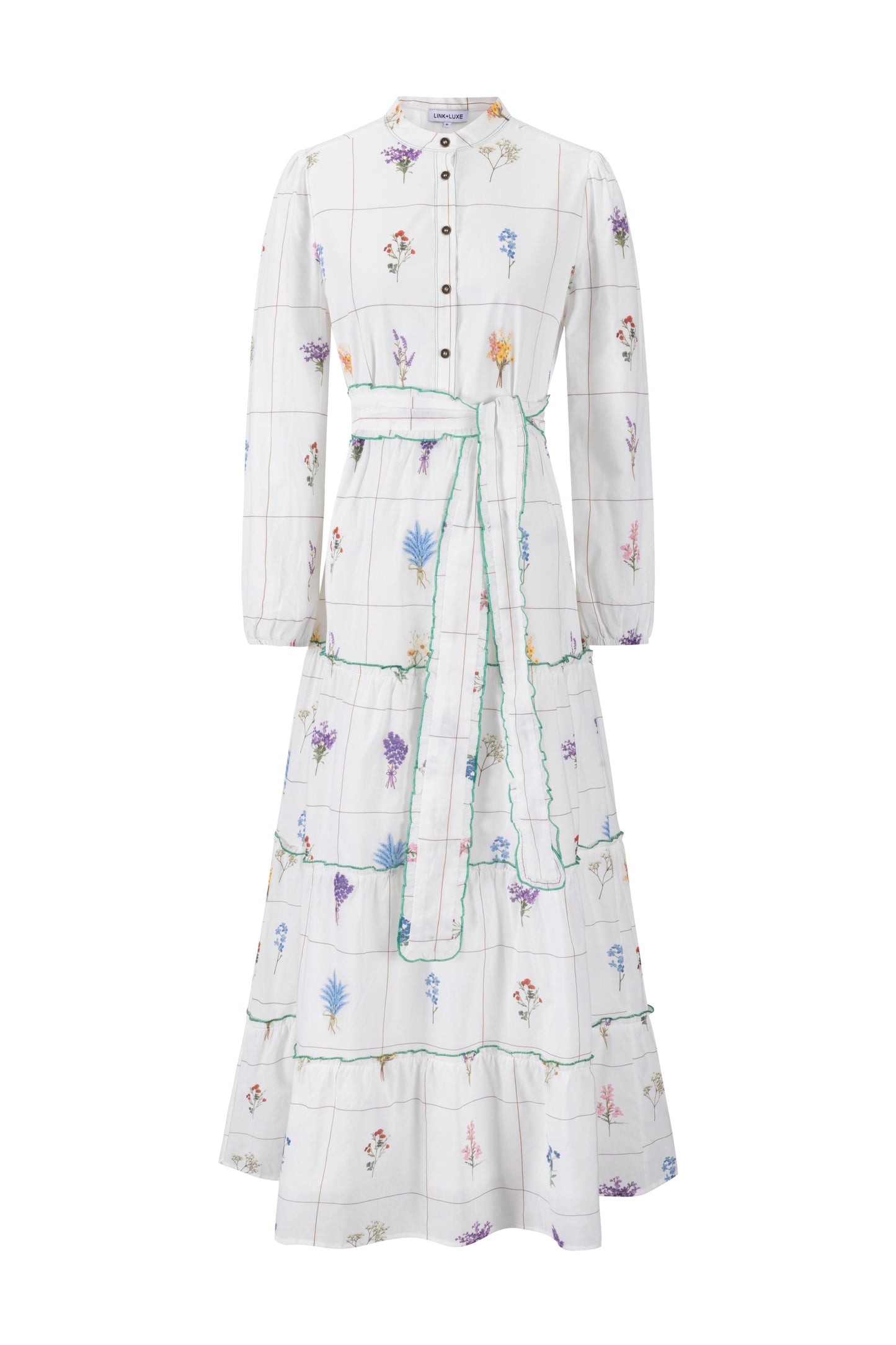 Bouquet Grid Print White Dress With Contrast Hem