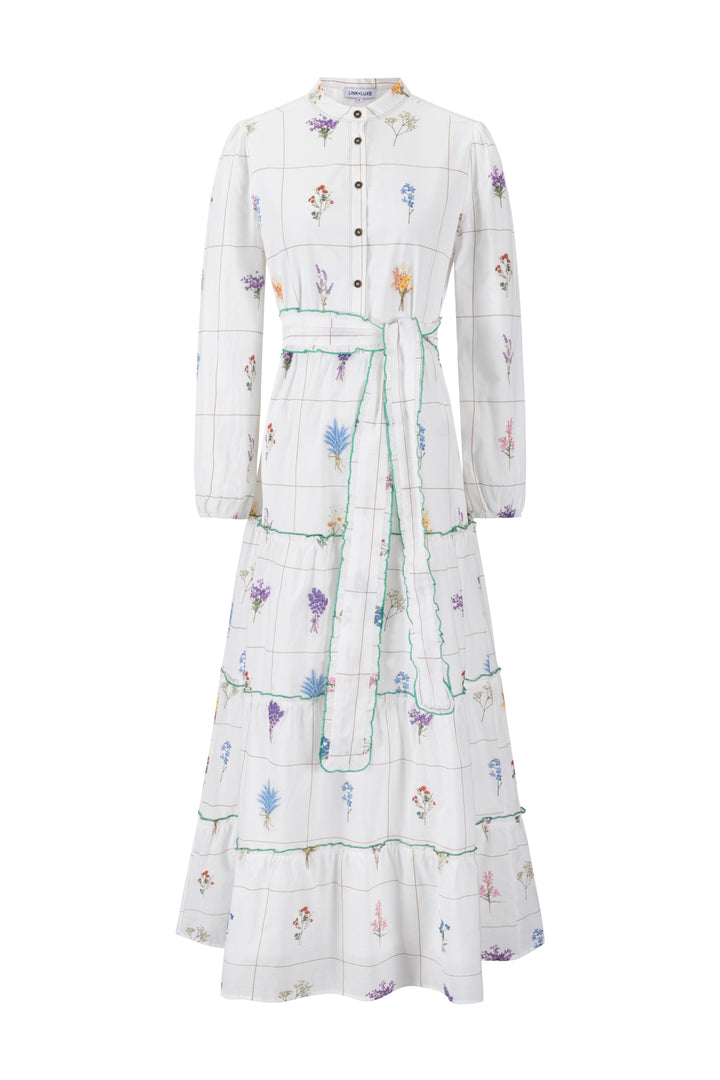 Bouquet Grid Print White Dress With Contrast Hem