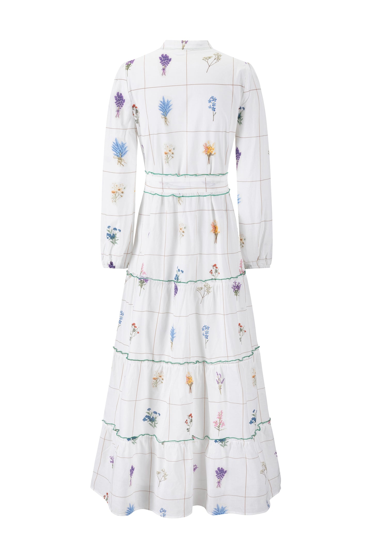 Bouquet Grid Print White Dress With Contrast Hem