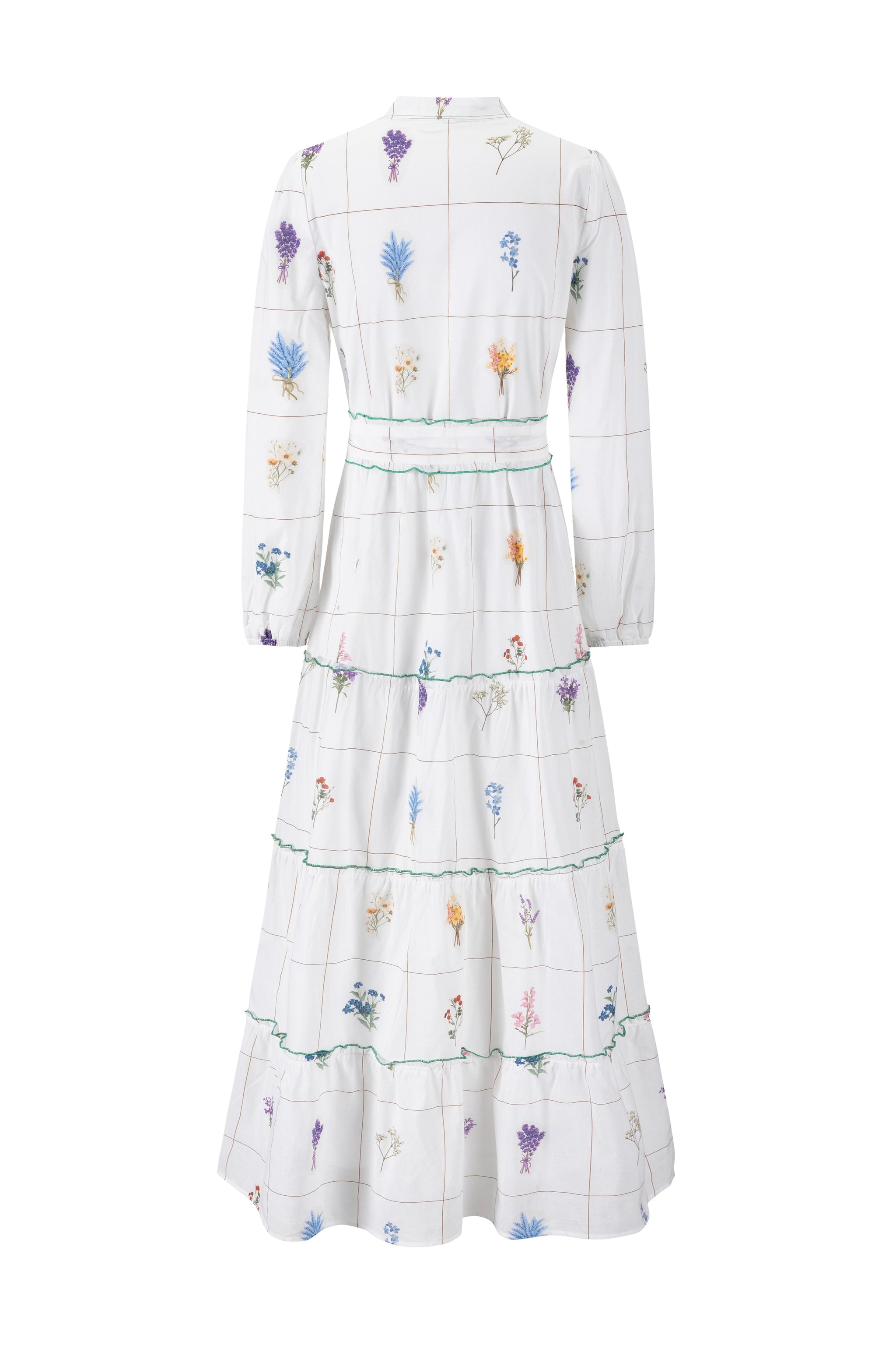 Bouquet Grid Print White Dress With Contrast Hem