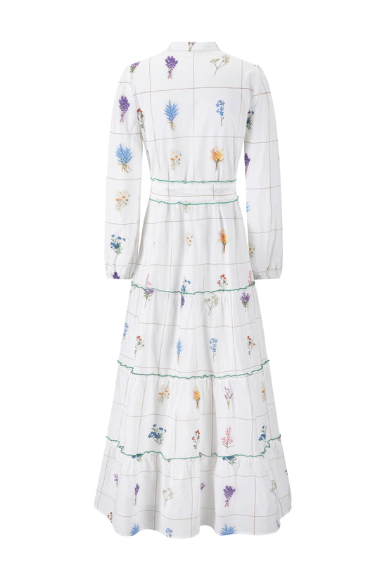 Bouquet Grid Print White Dress With Contrast Hem