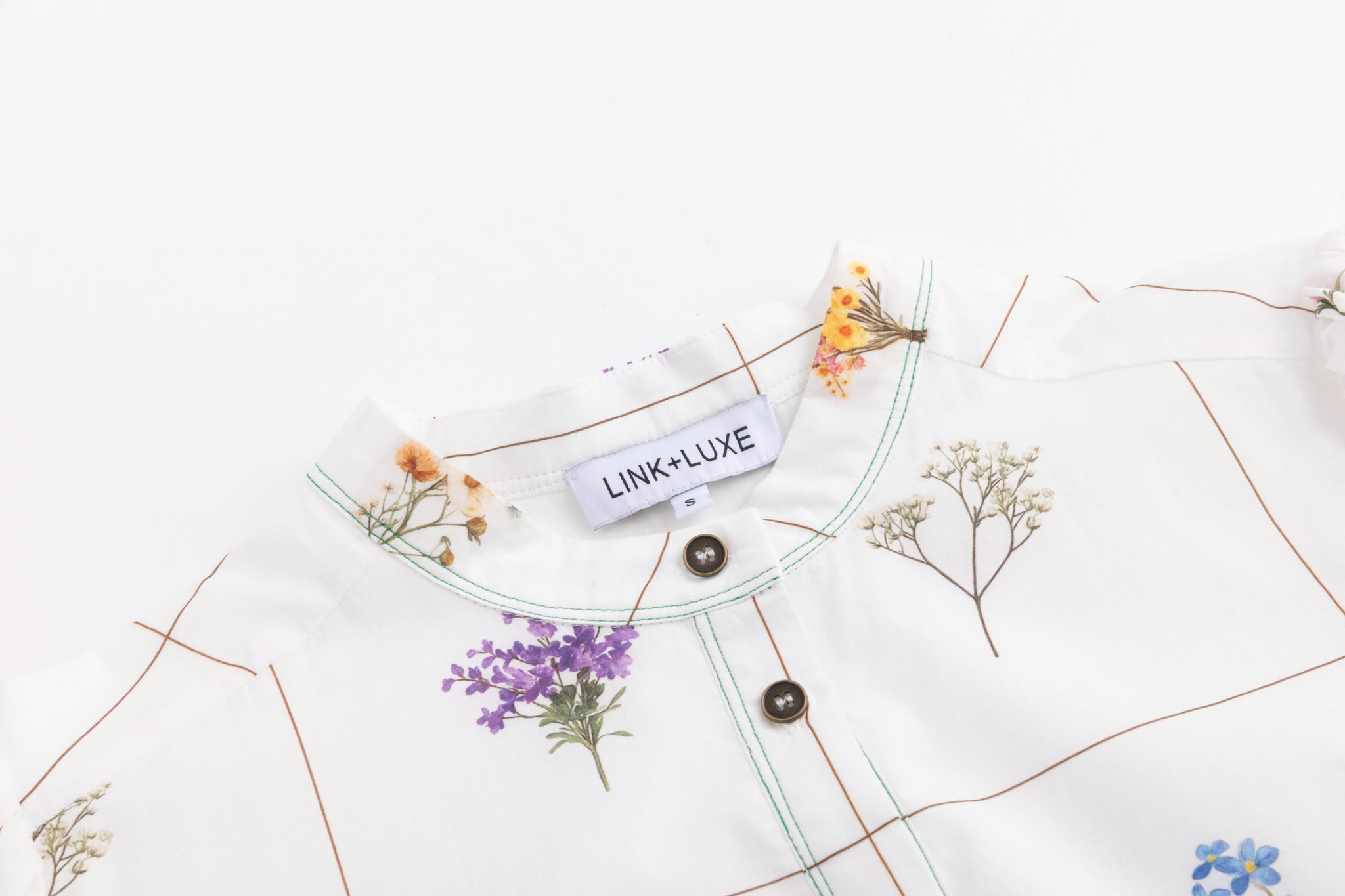 Bouquet Grid Print White Dress With Contrast Hem
