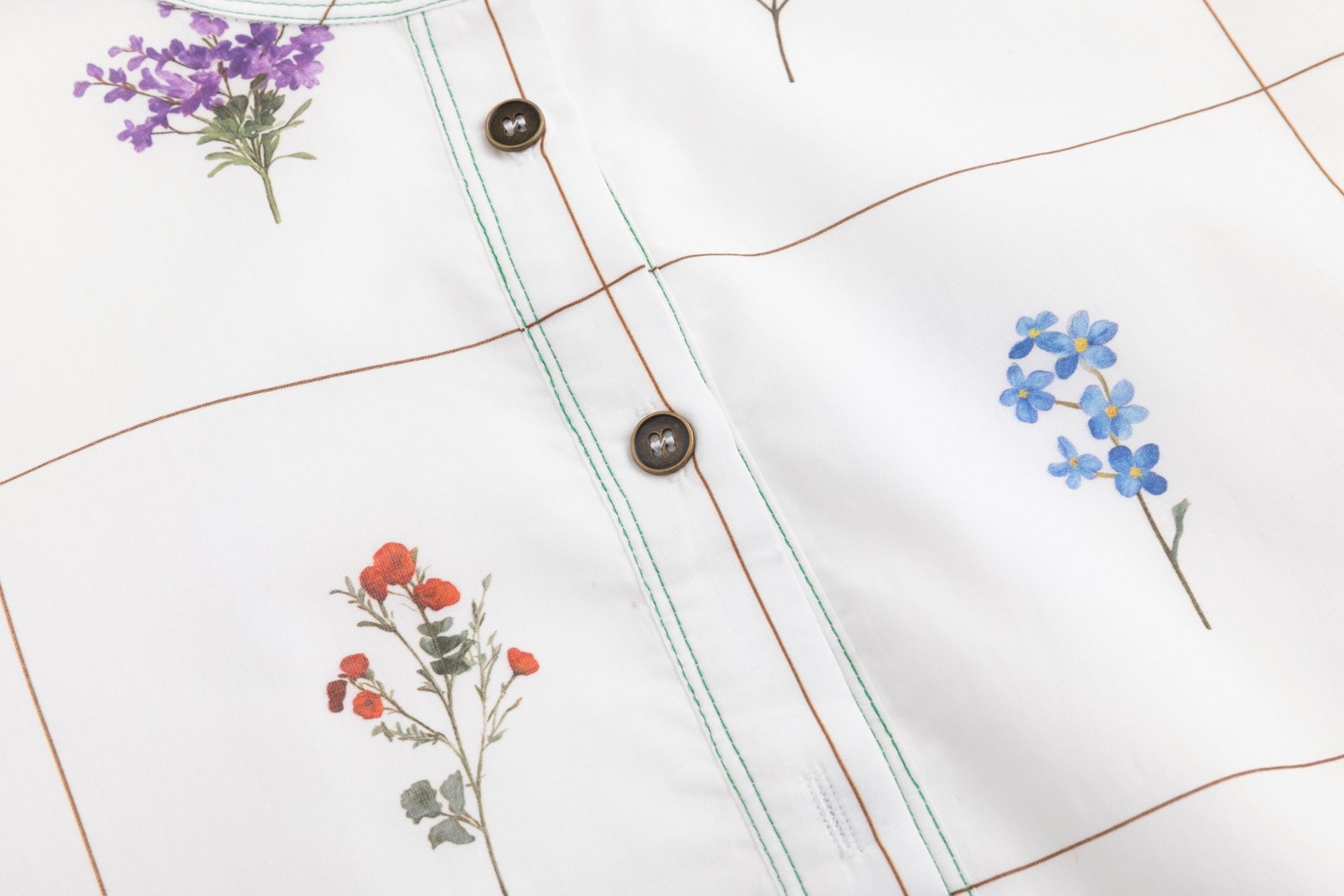 Bouquet Grid Print White Dress With Contrast Hem