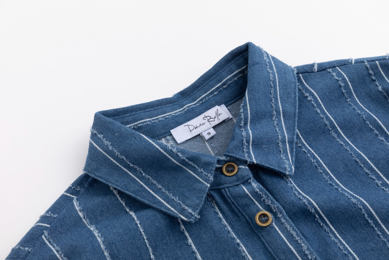 White And Ragged Stripes Denim Shirt