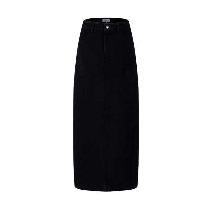 Acid Washed Flower Print Denim Skirt - Black