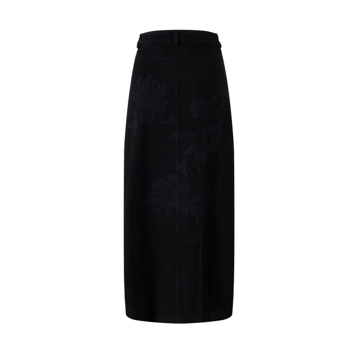 Acid Washed Flower Print Denim Skirt - Black
