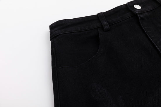 Acid Washed Flower Print Denim Skirt - Black