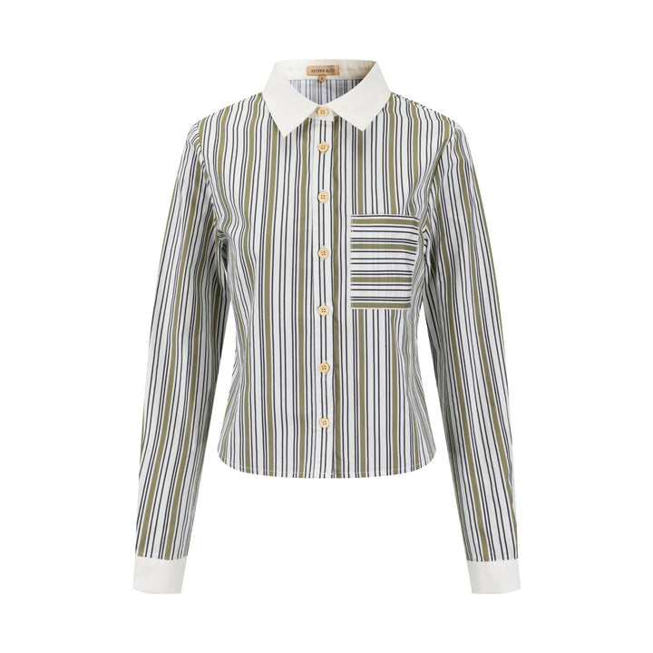 Solid Collar Striped Blouse - Green Moss