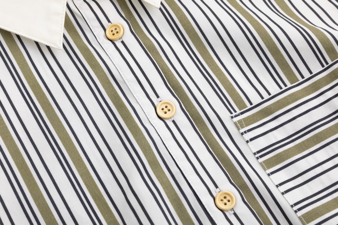 Solid Collar Striped Blouse - Green Moss